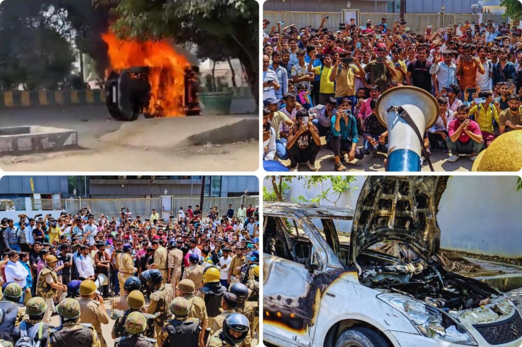 मांगों को लेकर भड़के कर्मचारी, नोएडा में प्रदर्शन ने लिया उग्र रूप, कई जगह आगजनी और तोड़फोड़ से बिगड़े हालात